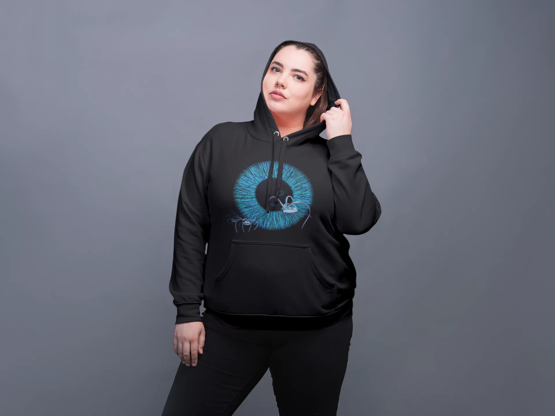Hoodie noir coton bio design Minority Report - design frontal